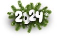 New Year 2024 white paper numbers on realistic green fir twigs and snowflakes Royalty Free Stock Photo