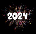 2024 New Year white paper word banner on colourful glitter powder explosion. Color dust splash