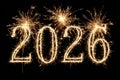 The New Year in 2026 will be celebrated with fireworks as a glowing clock strikes midnight Royalty Free Stock Photo