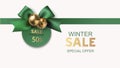 New Year winter and Christmas sale design template. Decorative green bow with golden bell and price tag isolated on white. Royalty Free Stock Photo