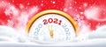 New Year winter clock 2021. Christmas holiday celebration. Midnight xmas party. Making wishes time for party