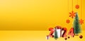 New year winter yellow background with 3d gift box and red 2024 letters