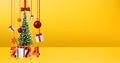 New year winter yellow background with 3d gift box and red 2024 letters