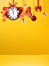 New year winter yellow background with hanging clock and red 2024 letters