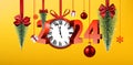 New year winter yellow background with hanging clock and red 2024 letters