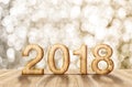 2018 new year wood number in perspective room with sparkling bokeh wall and wooden plank floor,leave space for adding your content Royalty Free Stock Photo