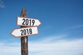 New Year wooden road sign with shining blue sky background. Royalty Free Stock Photo