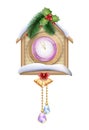 New Year wooden wall clock with a house in the snow Christmas trees and bells