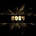2024 New Year word banner on gold glitter powder explosion. Golden color dust splash