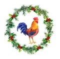 New year wreath, rooster - symbol of chinese calendar 2017. Watercolor bird