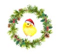 New year wreath, small in red santa`s hat. Watercolor bird