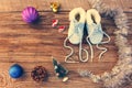 2017 new year written laces of children`s shoes, christmas decorations