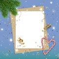 New Year's abstract background with glitter, shining stars, candys, serpentine, Christmas tree branches and a sheet for