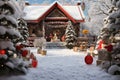 New Year& x27;s Atmosphere: residence embraced by a snowy blanket with decorated Christmas trees, creating a festive