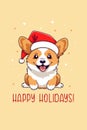New Year's card vector template. Cute corgi puppy wearing a Santa Claus hat. Happy New Year inscription