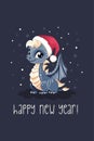 New Year's card vector template. Cute dragon in cartoon style in Santa Claus hat. Happy New Year inscription Royalty Free Stock Photo