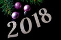 New Year& x27;s composition: Christmas balls and sign 2018.