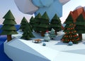 New Year's composition in the style of low-poly modeling. Exposition of natural landscape with mountains and forest