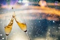 New Year& x27;s Eve concept with bokeh, fireworks and glasses of champagne Royalty Free Stock Photo