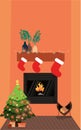 New Year's Eve interior. Decorated Christmas tree near the fireplace. Royalty Free Stock Photo