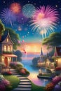 A new year's eve party with fireworks, starry night sky, whimsical garden, flowers, house, wallpaper, fantasy Royalty Free Stock Photo