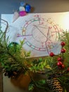 A drawn horoscope for New Year\'s Eve decorated with a Christmas tree and red berries. Festive happy composition