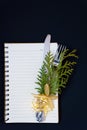 New Year resolutions, flat lay shot from above with the handwritten words and copy space, on a dark blue background Royalty Free Stock Photo