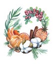 New Year's wreath with tangerines, cinnamon, cotton flowers and lingonberry sprigs. Watercolor set.