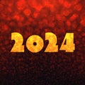 New Year 2024 yellow numbers on bright red square textured background with light red defocused particles