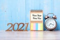2021 New Year New Yoy with blank notebook, retro alarm clock and wooden number. New Start, Resolution, Goals, Plan, Action and