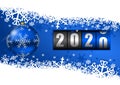 New years 2020 background, illustration, greeting card with blue christmas ball, counter and snowflakes with empty copy space