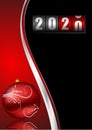 New years 2020 background, illustration, greeting card with red christmas ball and counter with empty copy space