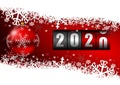 New years 2020 background, illustration, greeting card with red christmas ball, counter and snowflakes with empty copy space