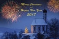 New years card with romantic chapel and firework