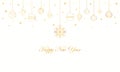 New Years Christmas banner with golden garland border from Christmas tree ornaments balls snowflakes. Holiday greeting card