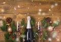 New Years Christmas Celebration Background with Pair of Wineglasses and Bottle of Champagne Christmas New Year Card Fir Decoration Royalty Free Stock Photo