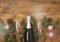 New Years Christmas Celebration Background with Pair of Wineglasses and Bottle of Champagne Christmas New Year Card Fir Decoration Royalty Free Stock Photo