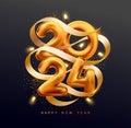 New Years 2024. Christmas greeting card design with golden numbers, ribbon and garland. Realistic vector illustration