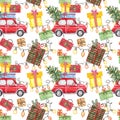 New Years and Christmas winter seamless pattern with red car, fir tree, garland, gifts on white background Royalty Free Stock Photo