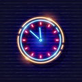 New Years clock Neon sign. Time 2022 glowing icon. New Year and Christmas concept. Vector illustration for design