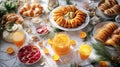 New Years Day Brunch Buffet with Croissants, Eggs, Ham, and Orange Juice