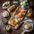 New Years Day Brunch Spread with Bagels, Smoked Salmon, and Coffee