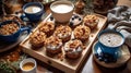 New Years Day Brunch Spread with Muffins, Yogurt, Granola, and Coffee