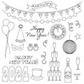 2024 New Years Eve Black Outline Vector Illustrations