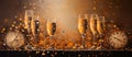 New Years Eve celebration background, champagne and clock Royalty Free Stock Photo