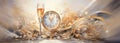 New Years Eve celebration background, champagne and clock Royalty Free Stock Photo