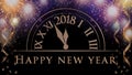 New years eve celebration background with colorful party fireworks, clock with 2018, text Royalty Free Stock Photo