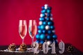 New Years 2019 Eve celebration background with pair of flutes, on christmas decoration on background Royalty Free Stock Photo