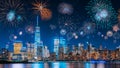 New Years Eve with colorful Fireworks over New York City skyline long exposure with beautiful dark blue sky, sci-fi orange city Royalty Free Stock Photo