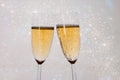 New Years eve concept with bokeh, fireworks and glasses of champagne Royalty Free Stock Photo